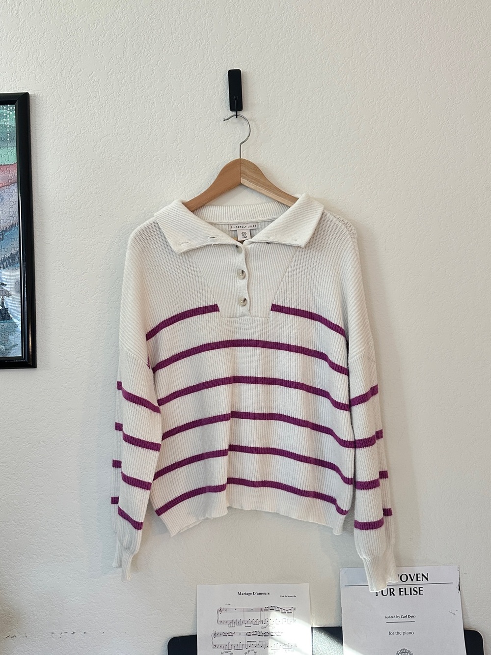 Sincerely Jules Cream Magenta Berry Striped Collared Polo Sweater Ribbed Knit